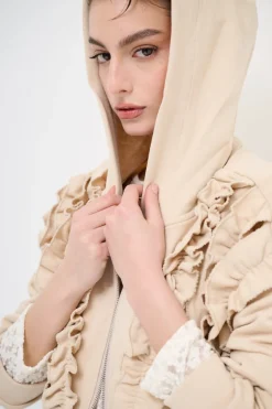 Best KIKISIX FELPA ZIP CON ROUCHES AVORIO