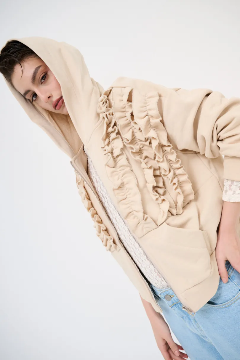 Best KIKISIX FELPA ZIP CON ROUCHES AVORIO