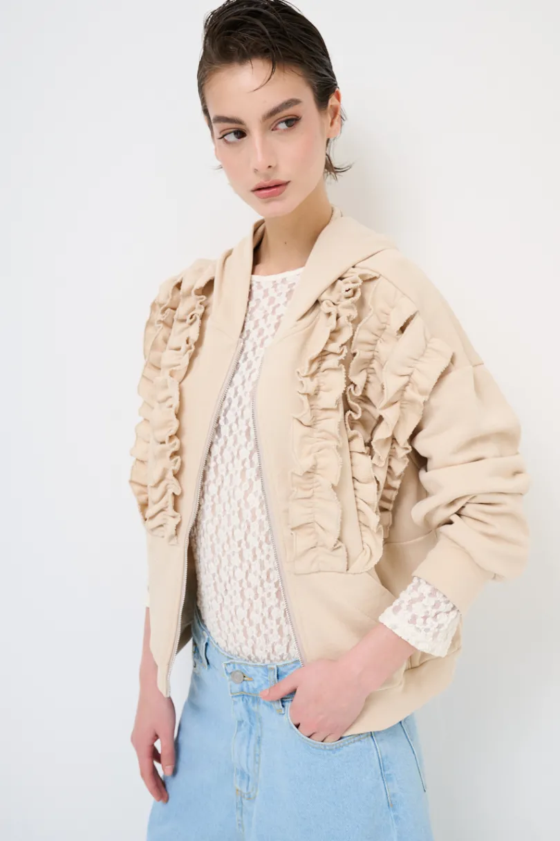 Best KIKISIX FELPA ZIP CON ROUCHES AVORIO