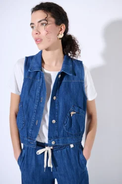 Fashion KIKISIX GILET CROP CON TASCHE BLU