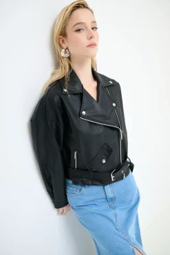 Outlet KIKISIX GIUBBOTTO OVER ECOPELLE NERO