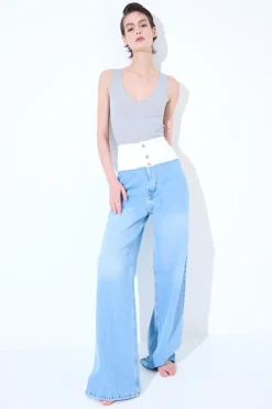 Sale KIKISIX JEANS CARGO CON CINTURINO BIANCO BLU CHIARO