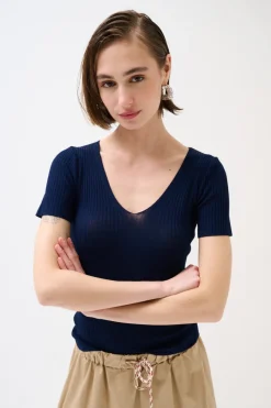 New KIKISIX MAGLIA M.MANICA SCOLLO V COSTINA BLU