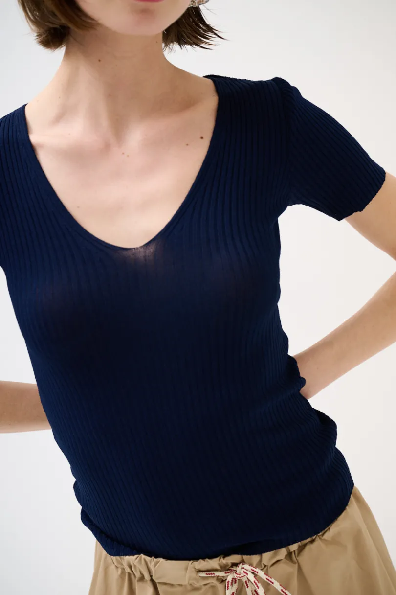 New KIKISIX MAGLIA M.MANICA SCOLLO V COSTINA BLU