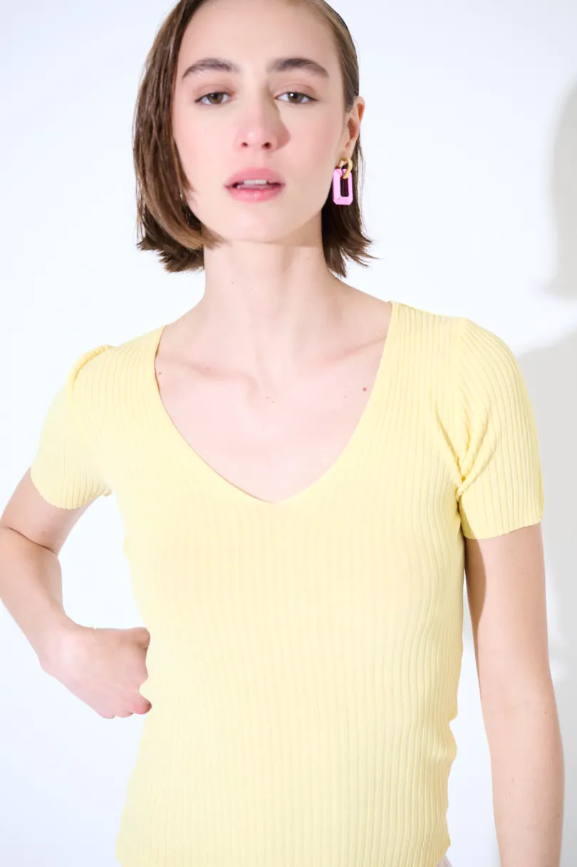 New KIKISIX MAGLIA M.MANICA SCOLLO V COSTINA GIALLO