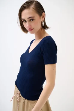 New KIKISIX MAGLIA M.MANICA SCOLLO V COSTINA BLU