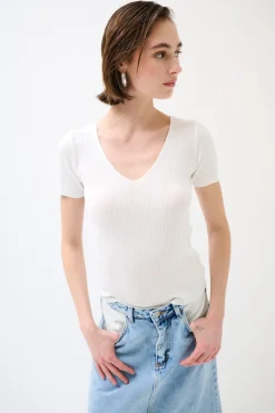 Outlet KIKISIX MAGLIA M.MANICA SCOLLO V COSTINA BIANCO