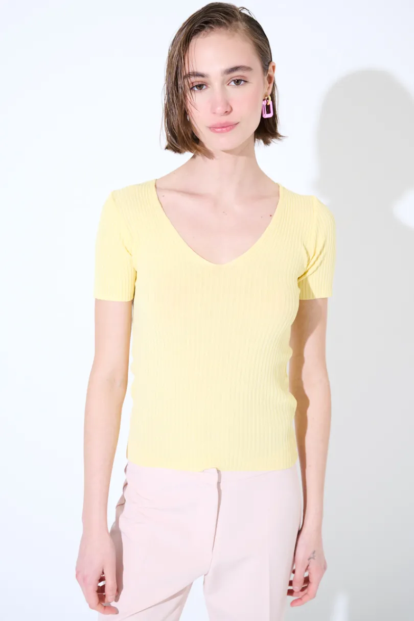 New KIKISIX MAGLIA M.MANICA SCOLLO V COSTINA GIALLO