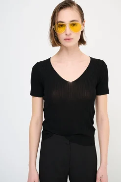 Discount KIKISIX MAGLIA M.MANICA SCOLLO V COSTINA NERO