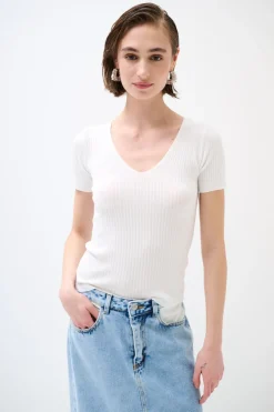 Outlet KIKISIX MAGLIA M.MANICA SCOLLO V COSTINA BIANCO