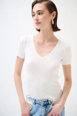 Outlet KIKISIX MAGLIA M.MANICA SCOLLO V COSTINA BIANCO