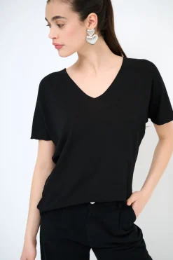 Outlet KIKISIX MAGLIA OVER MEZZA MANICA SCOLLO V NERO