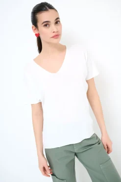 Discount KIKISIX MAGLIA OVER MEZZA MANICA SCOLLO V BIANCO