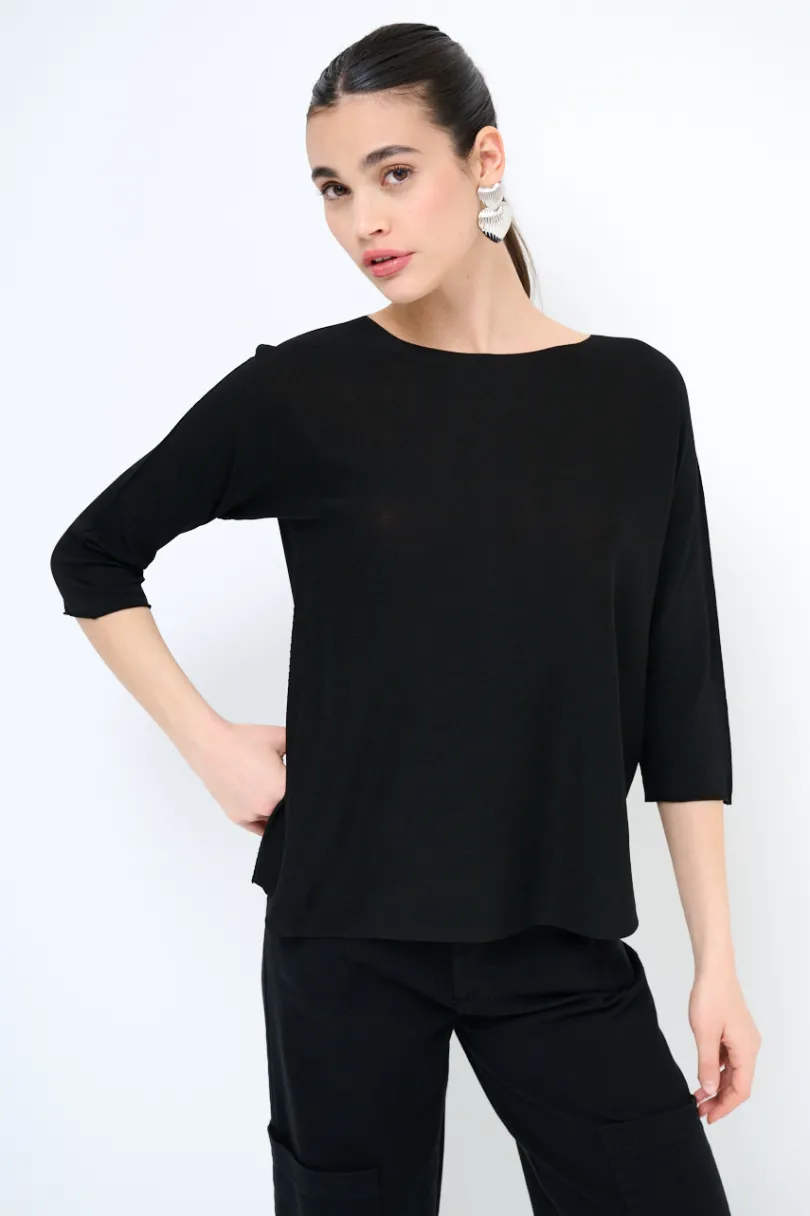 Hot KIKISIX MAGLIA OVER SCOLLO BARCA MANICA 3/4 NERO