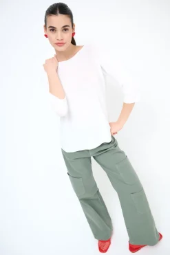 Hot KIKISIX MAGLIA OVER SCOLLO BARCA MANICA 3/4 BIANCO