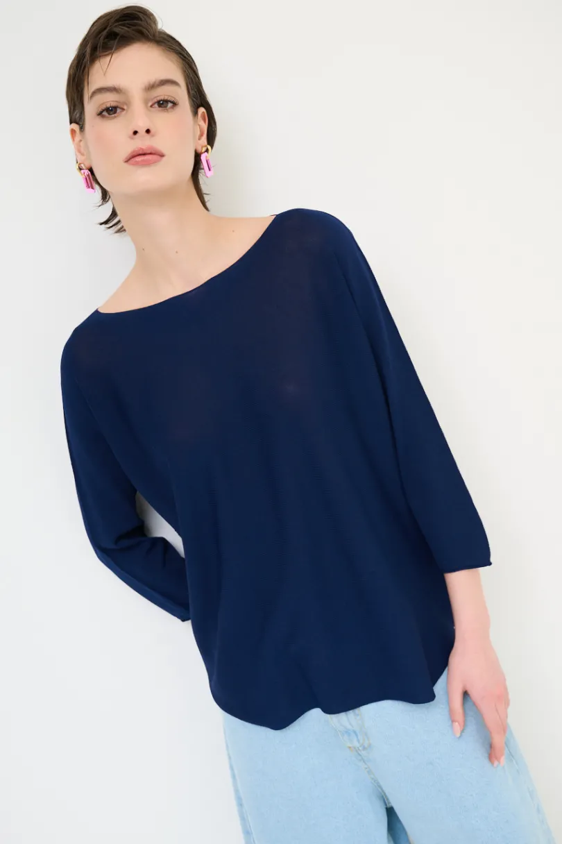 Hot KIKISIX MAGLIA OVER SCOLLO BARCA MANICA 3/4 BLU