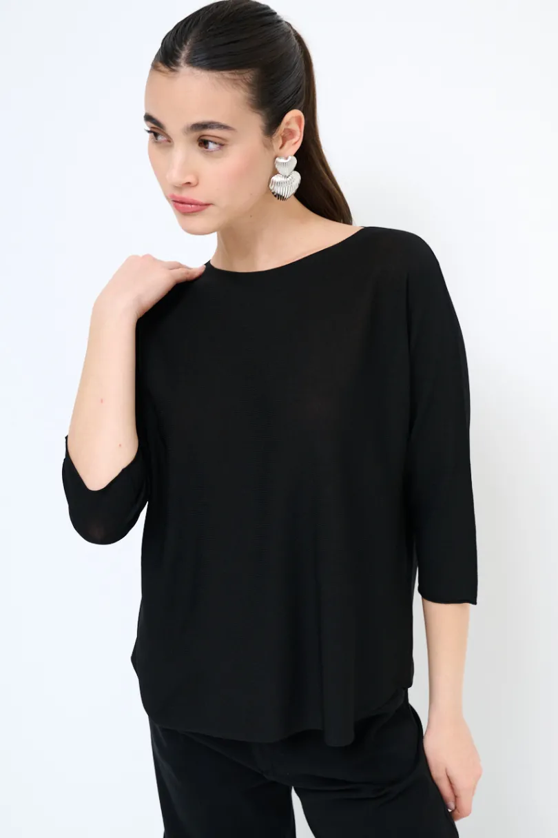 Hot KIKISIX MAGLIA OVER SCOLLO BARCA MANICA 3/4 NERO