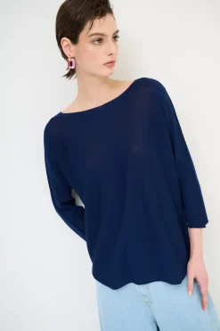 Hot KIKISIX MAGLIA OVER SCOLLO BARCA MANICA 3/4 BLU