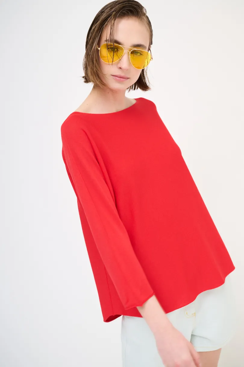 New KIKISIX MAGLIA OVER SCOLLO BARCA MANICA 3/4 ROSSO