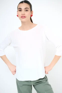 Hot KIKISIX MAGLIA OVER SCOLLO BARCA MANICA 3/4 BIANCO