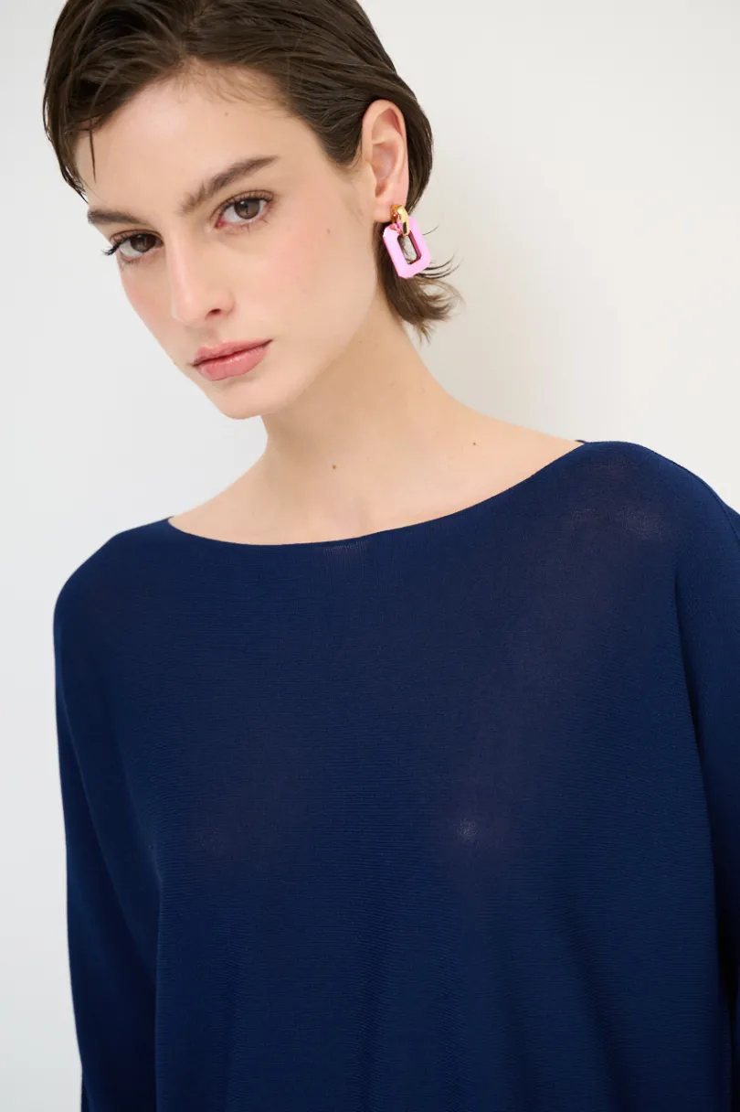 Hot KIKISIX MAGLIA OVER SCOLLO BARCA MANICA 3/4 BLU