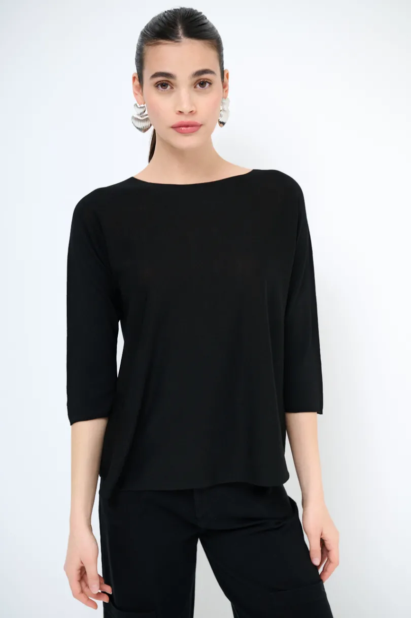 Hot KIKISIX MAGLIA OVER SCOLLO BARCA MANICA 3/4 NERO