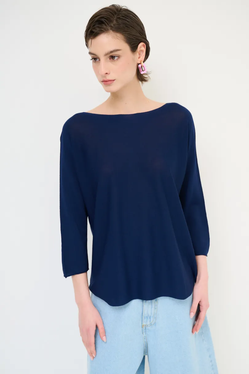 Hot KIKISIX MAGLIA OVER SCOLLO BARCA MANICA 3/4 BLU