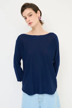 Hot KIKISIX MAGLIA OVER SCOLLO BARCA MANICA 3/4 BLU