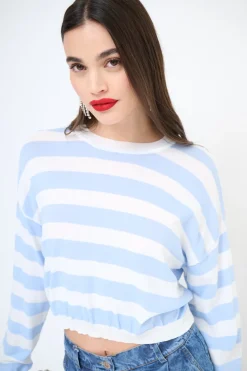New KIKISIX MAGLIA PARICOLLO CROP RIGHE CELESTE