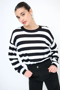 Best KIKISIX MAGLIA PARICOLLO CROP RIGHE NERO