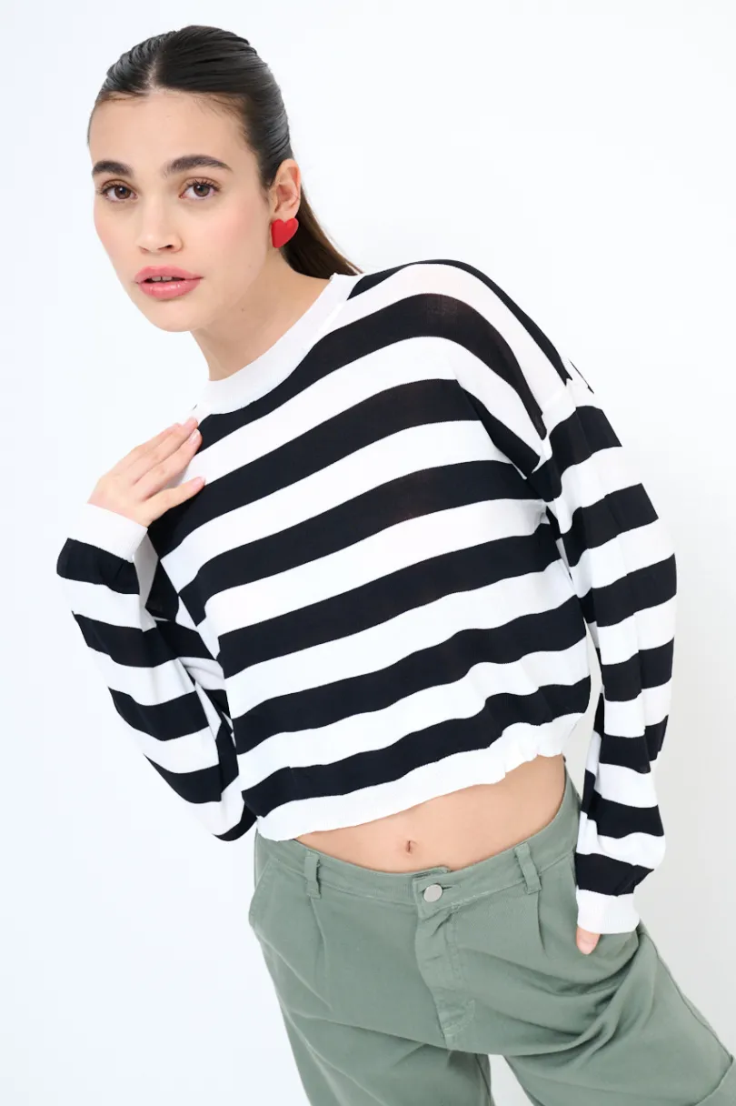 Best KIKISIX MAGLIA PARICOLLO CROP RIGHE PANNA