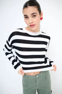 Best KIKISIX MAGLIA PARICOLLO CROP RIGHE PANNA