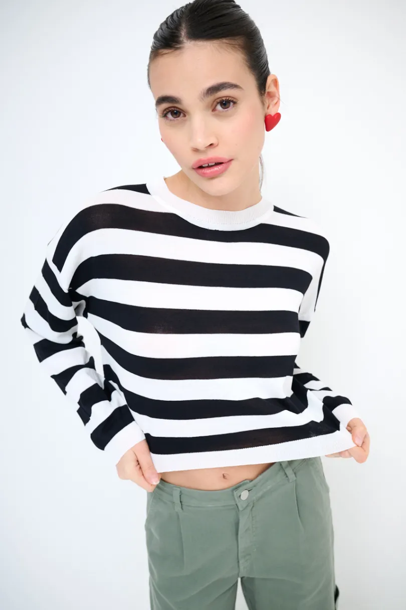 Best KIKISIX MAGLIA PARICOLLO CROP RIGHE PANNA