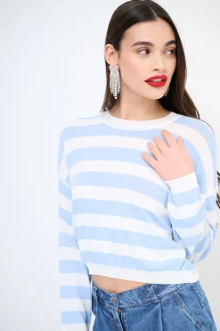 New KIKISIX MAGLIA PARICOLLO CROP RIGHE CELESTE