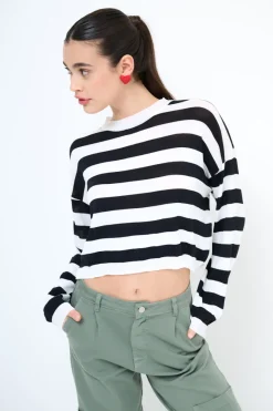 Best KIKISIX MAGLIA PARICOLLO CROP RIGHE PANNA