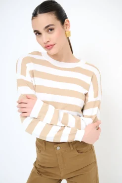 Online KIKISIX MAGLIA PARICOLLO CROP RIGHE BEIGE