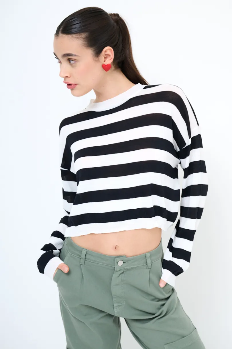 Best KIKISIX MAGLIA PARICOLLO CROP RIGHE PANNA