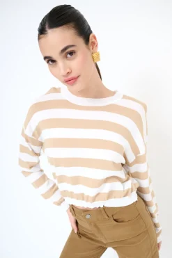 Online KIKISIX MAGLIA PARICOLLO CROP RIGHE BEIGE