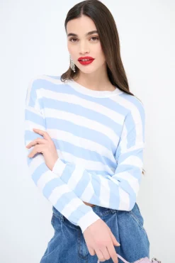 New KIKISIX MAGLIA PARICOLLO CROP RIGHE CELESTE