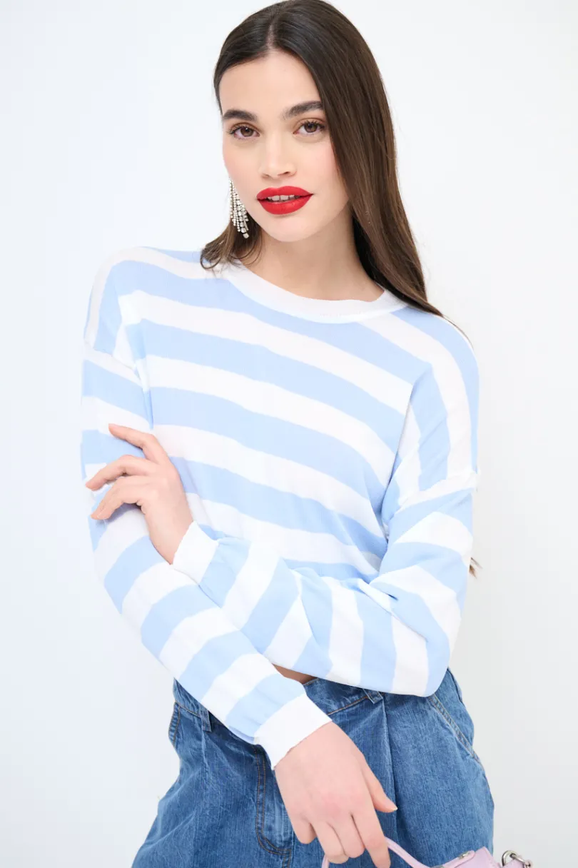 New KIKISIX MAGLIA PARICOLLO CROP RIGHE CELESTE