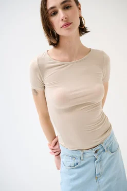 Outlet KIKISIX MEZZA MANICA MISTO SETA RASATO BEIGE