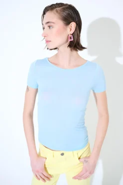 Outlet KIKISIX MEZZA MANICA MISTO SETA RASATO CELESTE