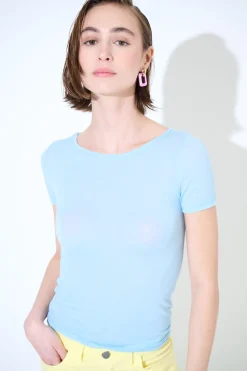 Outlet KIKISIX MEZZA MANICA MISTO SETA RASATO CELESTE