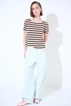 Outlet KIKISIX PANTALONE DENIM AMPIO CON FONDO TG. VIVO CREMA