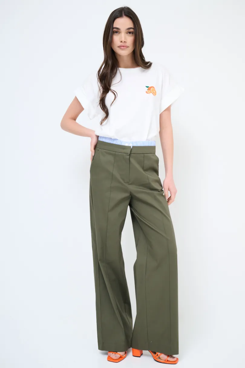 New KIKISIX PANTALONE DRITTO COTONE CON CINTURINO ELASTICO RIGA VERDE MILITA