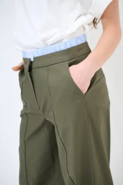 New KIKISIX PANTALONE DRITTO COTONE CON CINTURINO ELASTICO RIGA VERDE MILITA