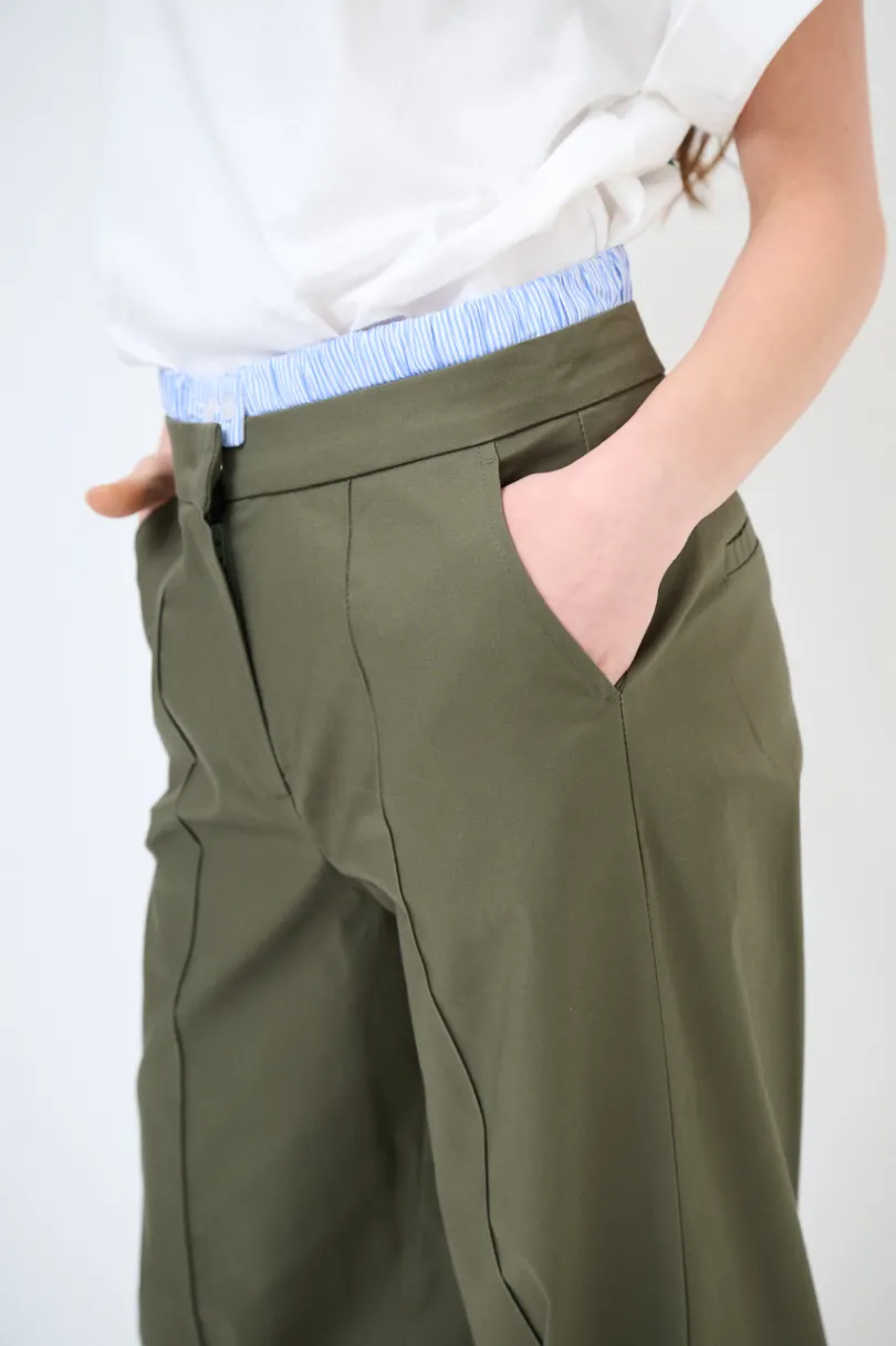 New KIKISIX PANTALONE DRITTO COTONE CON CINTURINO ELASTICO RIGA VERDE MILITA