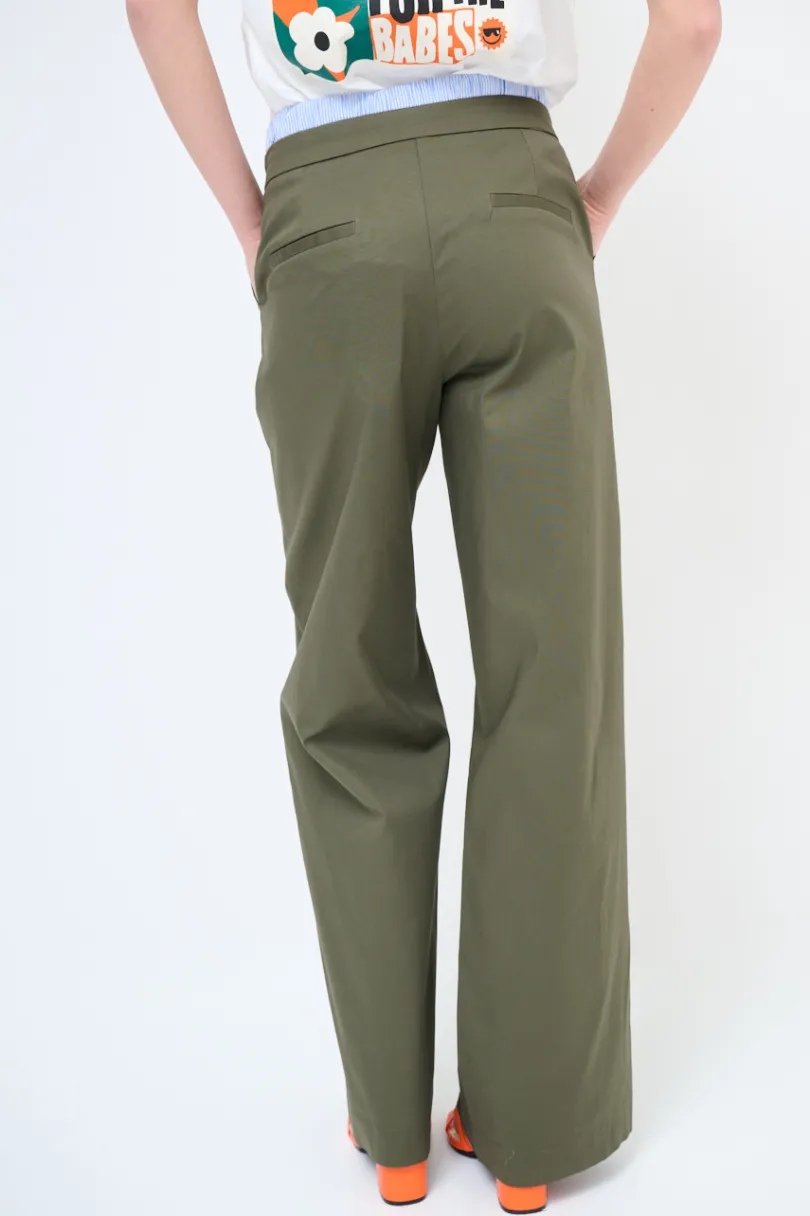New KIKISIX PANTALONE DRITTO COTONE CON CINTURINO ELASTICO RIGA VERDE MILITA