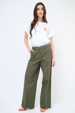 New KIKISIX PANTALONE DRITTO COTONE CON CINTURINO ELASTICO RIGA VERDE MILITA