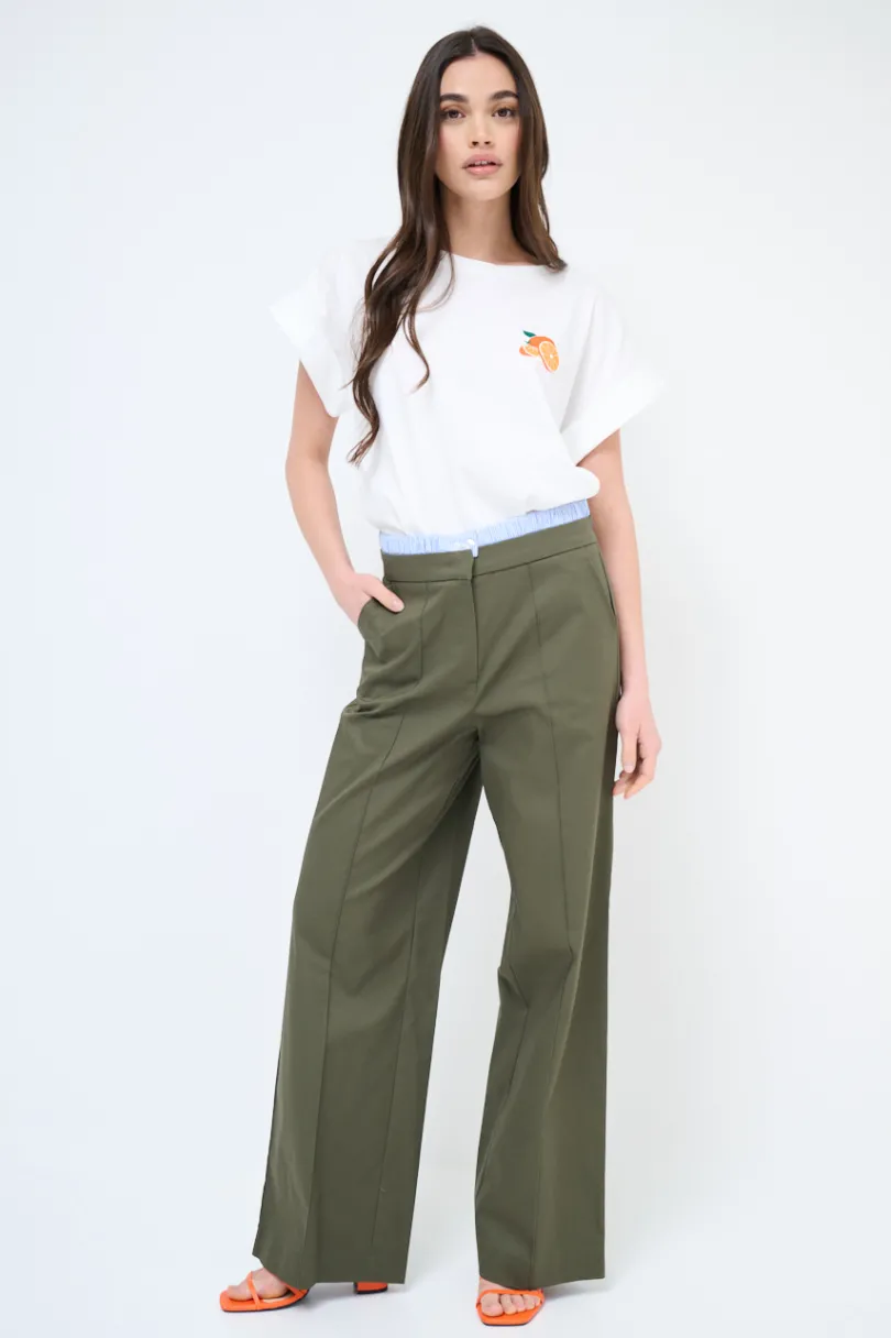 New KIKISIX PANTALONE DRITTO COTONE CON CINTURINO ELASTICO RIGA VERDE MILITA